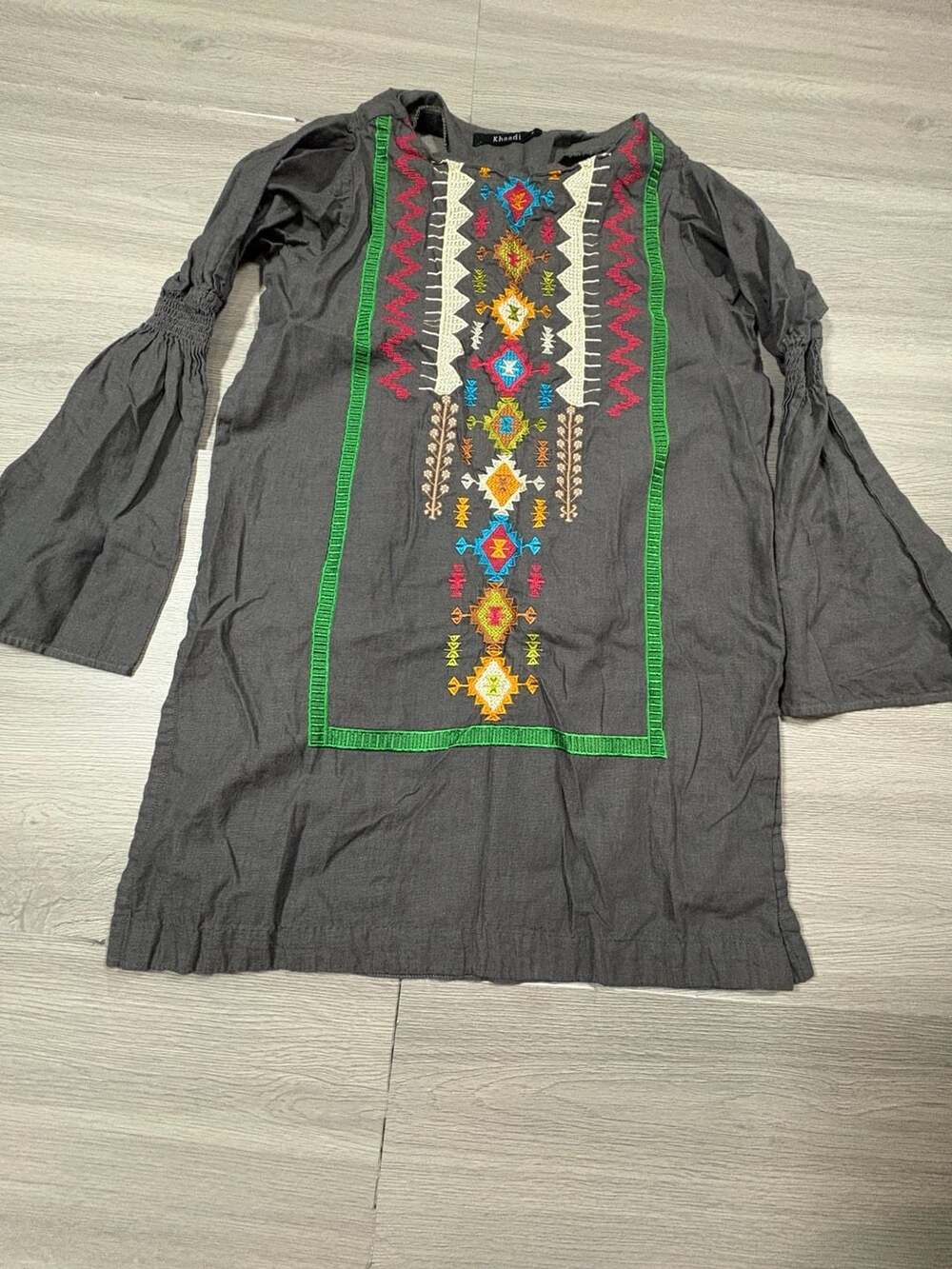Khaadi Embroidered Tunic Size 8 Gray Long Sleeve Boho Dress